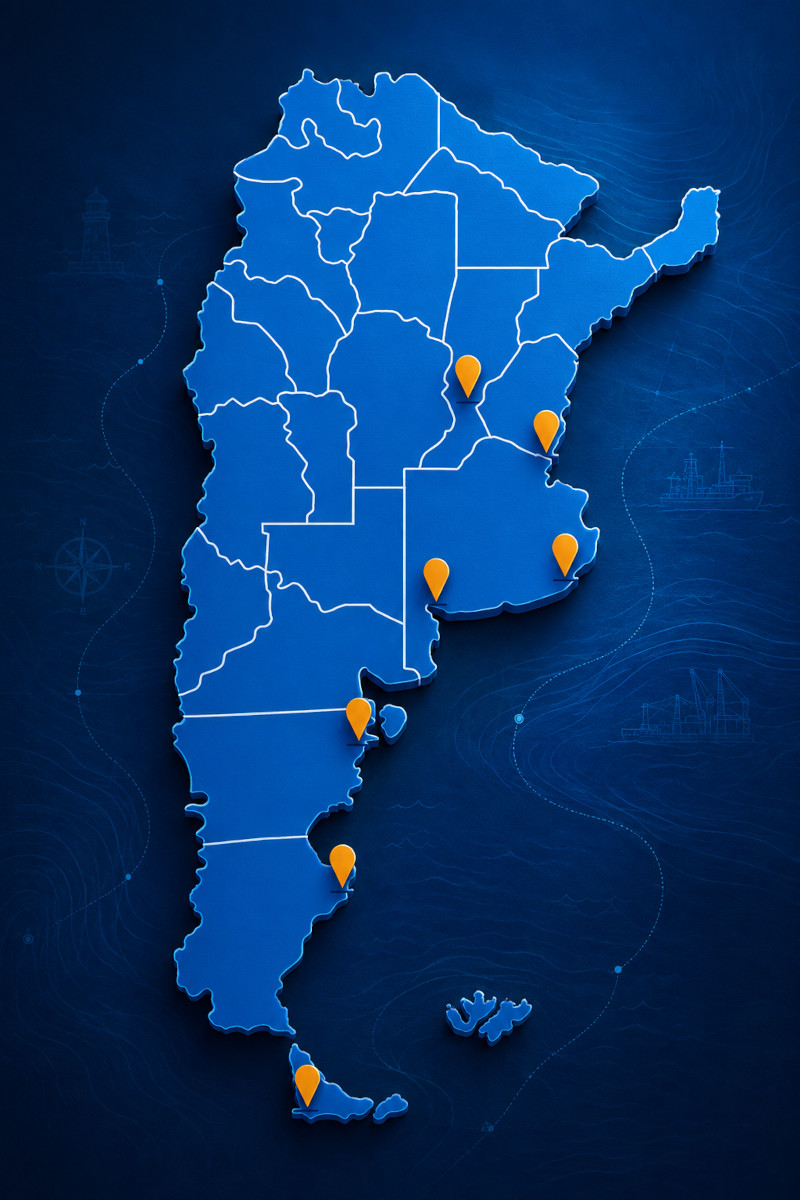 Mapa de la red de sucursales y cobertura de abastecimiento naval de Mattina en puertos argentinos